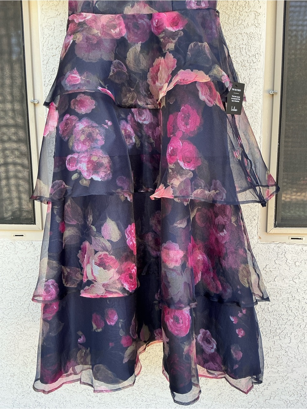 NWT Lulu’s Oh-So Stunning Navy Blue Floral Organza Tiered Midi Dress Medium - Picture 10 of 11